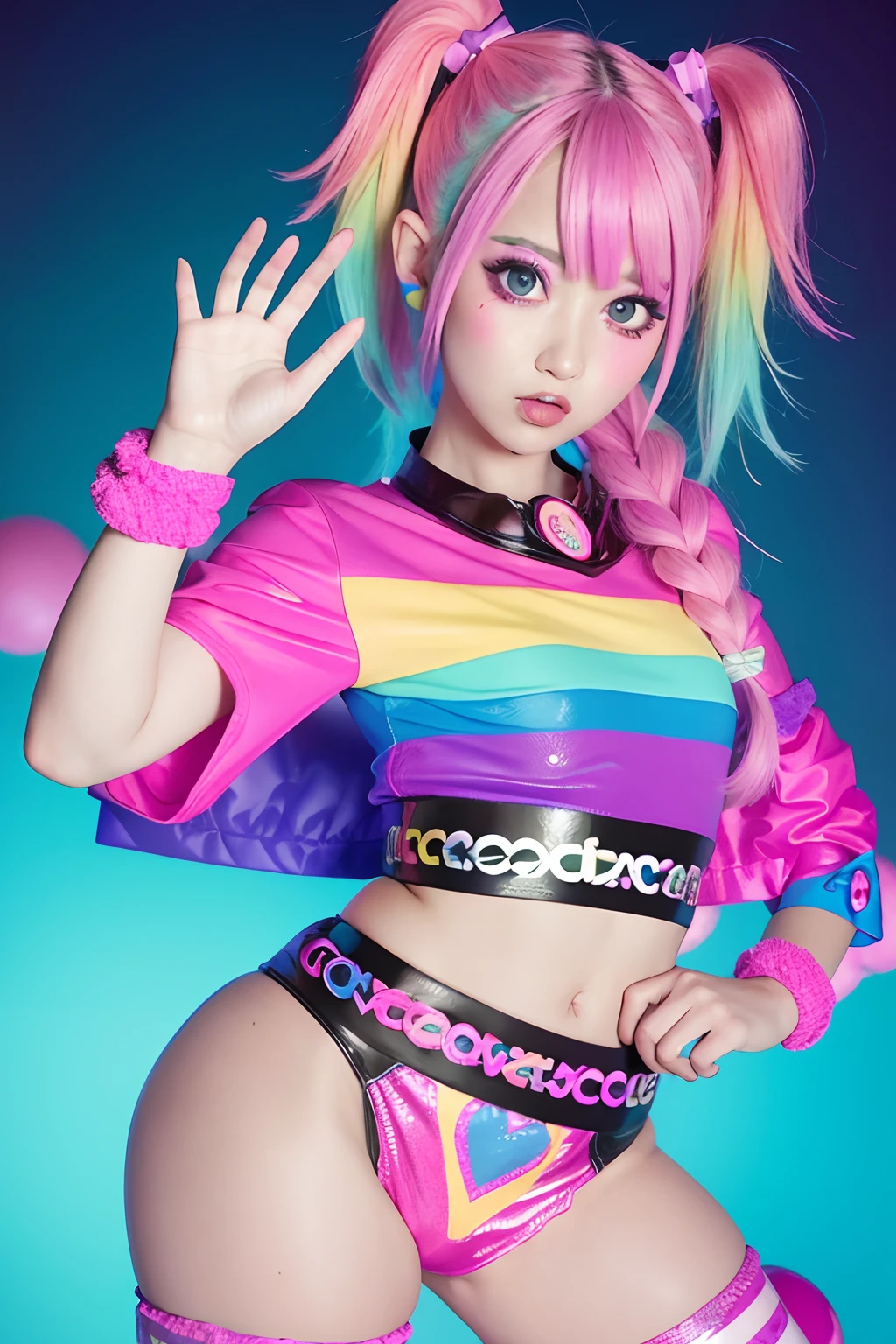 Alafe girl posing in colorful costume for photo, y 2 k cutecore clowncore, kawaii decora rainbowcore, kawaii hq render, candy girl, decora inspired, Unreal Engine : : Rave makeup, raver girl, Rave Girl, Rave Costume, glitchpunk girl, soda themed girl, playful and cheerful, eighties pinup style
