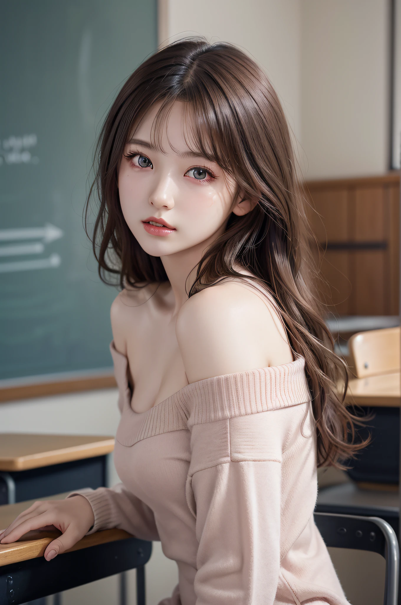 ((1girl in)), ((Best Quality)), (Ultra-detailed), (extremely detailed CG unified 8k wallpaper), Highly detailed, High-definition raw color photos, Professional Photography, Brown hair, Amazing face and eyes, Pink eyes, (amazingly beautiful girl), School, classroom, off shoulder,