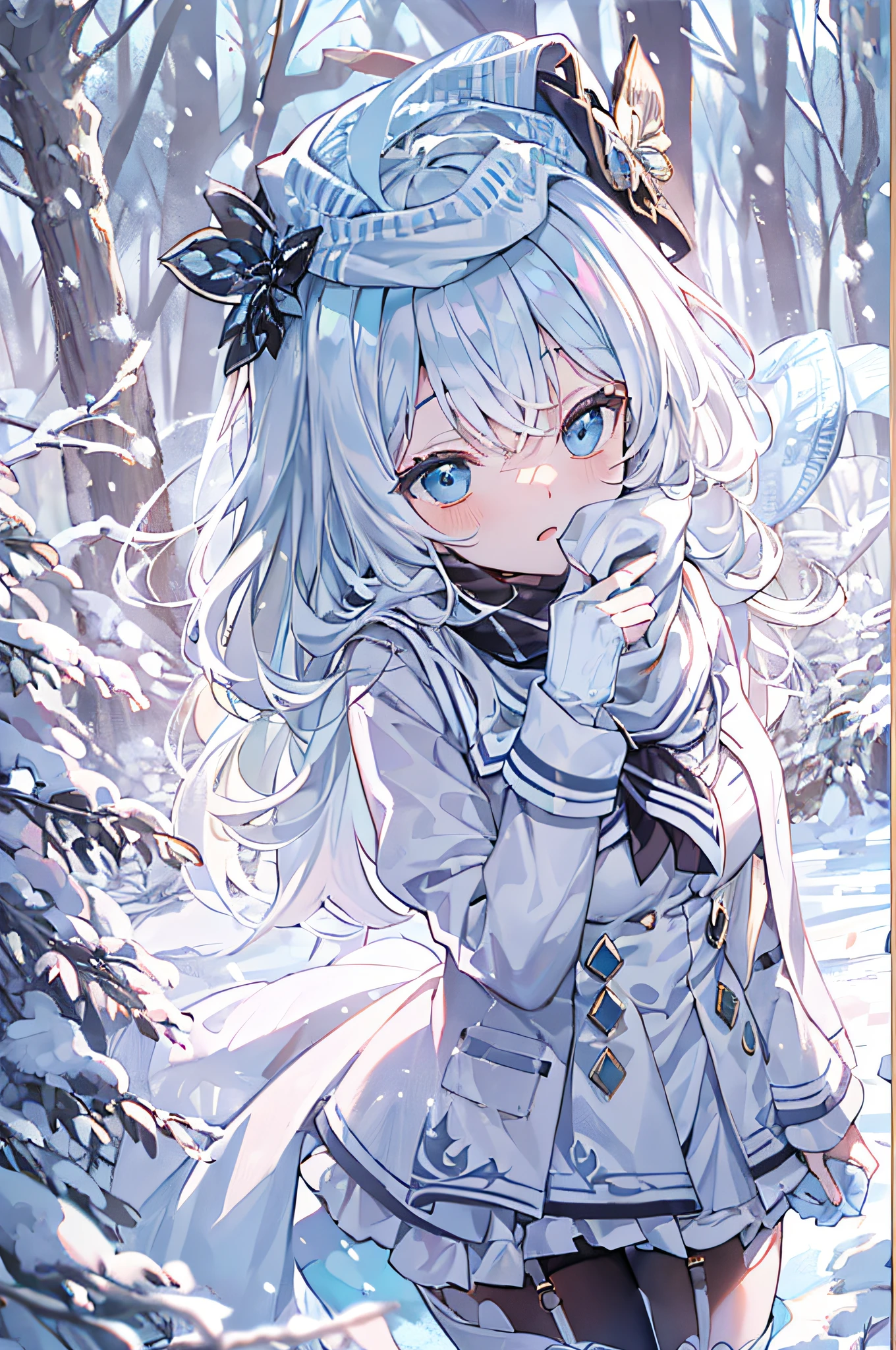 Light blue eyes，Princess cut，whaite hair，White thigh boots，White Gothololita，White over-the-knee stockings，white sash，sweeping bangs，Semi-closed Eyes，Long white scarf，ln the forest，the night，at winter season，bit girl，waiting to start，Look up at the camera