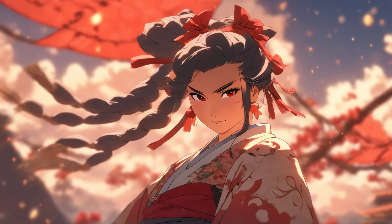 Masterpiece, Best quality,1girll, Red bow, bow, Long hair, Hair accessories hair bye, Ainu clothing, Solo, Hair Band, Bird, Black hair, Fingerless gloves, Short sleeves, mitts, sash, Pants, bangs, redhairband, arma, chest, Brown eyes, White pants, komono, nakoruru, Light smile, offcial art, well-composed, official pose, Detailed portrait, Portrait, Bokeh, clouds and mountain background, Samurai, onmyoji style, high resolution, Dramatic lighting and shadows, sunflare, Blurred foreground