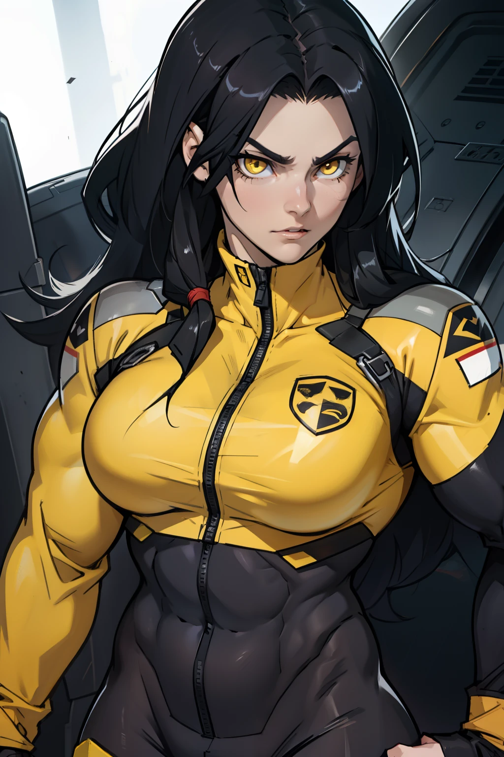 1 girl, black hair, yellow eyes, very long hair, pale skin, ((((extremely muscular)))), large breasts, (confident expression), pilot suit, close up