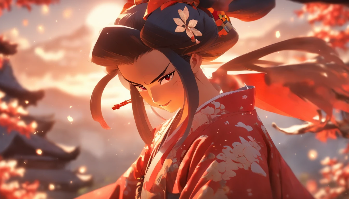 Masterpiece, Best quality,1girll, Red bow, bow, Long hair, Hair accessories hair bye, Ainu clothing, Solo, Hair Band, Bird, Black hair, Fingerless gloves, Short sleeves, mitts, sash, Pants, bangs, redhairband, arma, chest, Brown eyes, White pants, komono, nakoruru, Light smile, offcial art, well-composed, official pose, Detailed portrait, Portrait, Bokeh, clouds and mountain background, Samurai, onmyoji style, high resolution, Dramatic lighting and shadows, sunflare, Blurred foreground