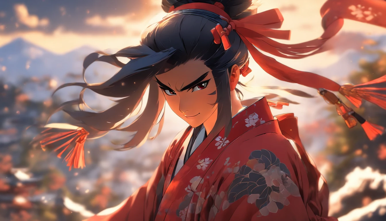 Masterpiece, Best quality,1girll, Red bow, bow, Long hair, Hair accessories hair bye, Ainu clothing, Solo, Hair Band, Bird, Black hair, Fingerless gloves, Short sleeves, mitts, sash, Pants, bangs, redhairband, arma, chest, Brown eyes, White pants, komono, nakoruru, Light smile, offcial art, well-composed, official pose, Detailed portrait, Portrait, Bokeh, clouds and mountain background, Samurai, onmyoji style, high resolution, Dramatic lighting and shadows, sunflare, Blurred foreground