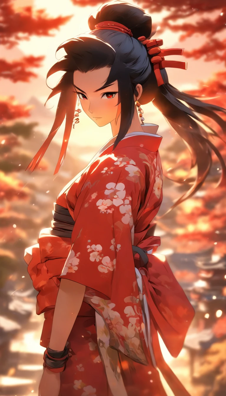 Masterpiece, Best quality,1girll, Red bow, bow, Long hair, Hair accessories hair bye, Ainu clothing, Solo, Hair Band, Bird, Black hair, Fingerless gloves, Short sleeves, mitts, sash, Pants, bangs, redhairband, arma, chest, Brown eyes, White pants, komono, nakoruru, Light smile, offcial art, well-composed, official pose, Detailed portrait, Portrait, Bokeh, clouds and mountain background, Samurai, onmyoji style, high resolution, Dramatic lighting and shadows, sunflare, Blurred foreground