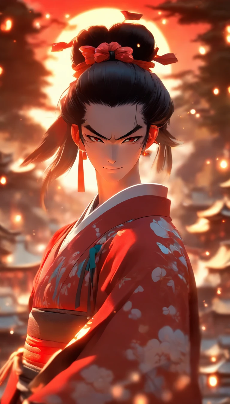 Masterpiece, Best quality,1girll, Red bow, bow, Long hair, Hair accessories hair bye, Ainu clothing, Solo, Hair Band, Bird, Black hair, Fingerless gloves, Short sleeves, mitts, sash, Pants, bangs, redhairband, arma, chest, Brown eyes, White pants, komono, nakoruru, Light smile, offcial art, well-composed, official pose, Detailed portrait, Portrait, Bokeh, clouds and mountain background, Samurai, onmyoji style, high resolution, Dramatic lighting and shadows, sunflare, Blurred foreground