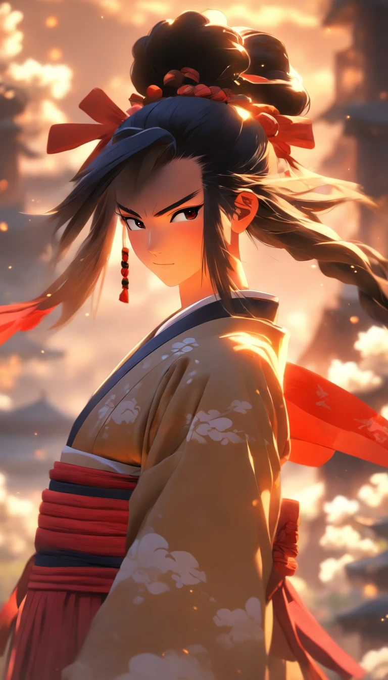 Masterpiece, Best quality,1girll, Red bow, bow, Long hair, Hair accessories hair bye, Ainu clothing, Solo, Hair Band, Bird, Black hair, Fingerless gloves, Short sleeves, mitts, sash, Pants, bangs, redhairband, arma, chest, Brown eyes, White pants, komono, nakoruru, Light smile, offcial art, well-composed, official pose, Detailed portrait, Portrait, Bokeh, clouds and mountain background, Samurai, onmyoji style, high resolution, Dramatic lighting and shadows, sunflare, Blurred foreground