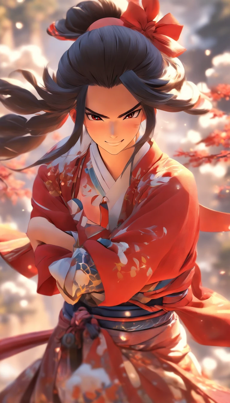 Masterpiece, Best quality,1girll, Red bow, bow, Long hair, Hair accessories hair bye, Ainu clothing, Solo, Hair Band, Bird, Black hair, Fingerless gloves, Short sleeves, mitts, sash, Pants, bangs, redhairband, arma, chest, Brown eyes, White pants, komono, nakoruru, Light smile, offcial art, well-composed, official pose, Detailed portrait, Portrait, Bokeh, clouds and mountain background, Samurai, onmyoji style, high resolution, Dramatic lighting and shadows, sunflare, Blurred foreground