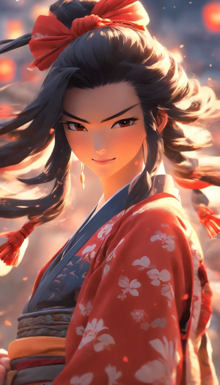Masterpiece, Best quality,1girll, Red bow, bow, Long hair, Hair accessories hair bye, Ainu clothing, Solo, Hair Band, Bird, Black hair, Fingerless gloves, Short sleeves, mitts, sash, Pants, bangs, redhairband, arma, chest, Brown eyes, White pants, komono, nakoruru, Light smile, offcial art, well-composed, official pose, Detailed portrait, Portrait, Bokeh, clouds and mountain background, Samurai, onmyoji style, high resolution, Dramatic lighting and shadows, sunflare, Blurred foreground