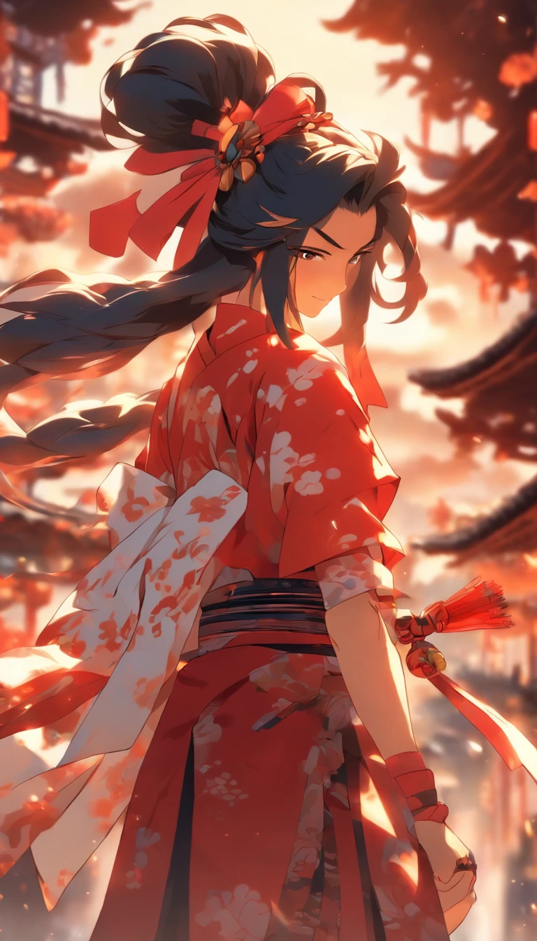 Masterpiece, Best quality,1girll, Red bow, bow, Long hair, Hair accessories hair bye, Ainu clothing, Solo, Hair Band, Bird, Black hair, Fingerless gloves, Short sleeves, mitts, sash, Pants, bangs, redhairband, arma, chest, Brown eyes, White pants, komono, nakoruru, Light smile, offcial art, well-composed, official pose, Detailed portrait, Portrait, Bokeh, clouds and mountain background, Samurai, onmyoji style, high resolution, Dramatic lighting and shadows, sunflare, Blurred foreground