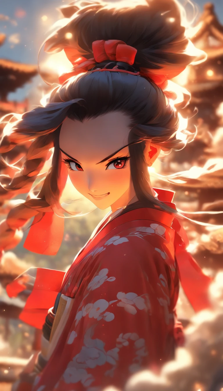 Masterpiece, Best quality,1girll, Red bow, bow, Long hair, Hair accessories hair bye, Ainu clothing, Solo, Hair Band, Bird, Black hair, Fingerless gloves, Short sleeves, mitts, sash, Pants, bangs, redhairband, arma, chest, Brown eyes, White pants, komono, nakoruru, Light smile, offcial art, well-composed, official pose, Detailed portrait, Portrait, Bokeh, clouds and mountain background, Samurai, onmyoji style, high resolution, Dramatic lighting and shadows, sunflare, Blurred foreground