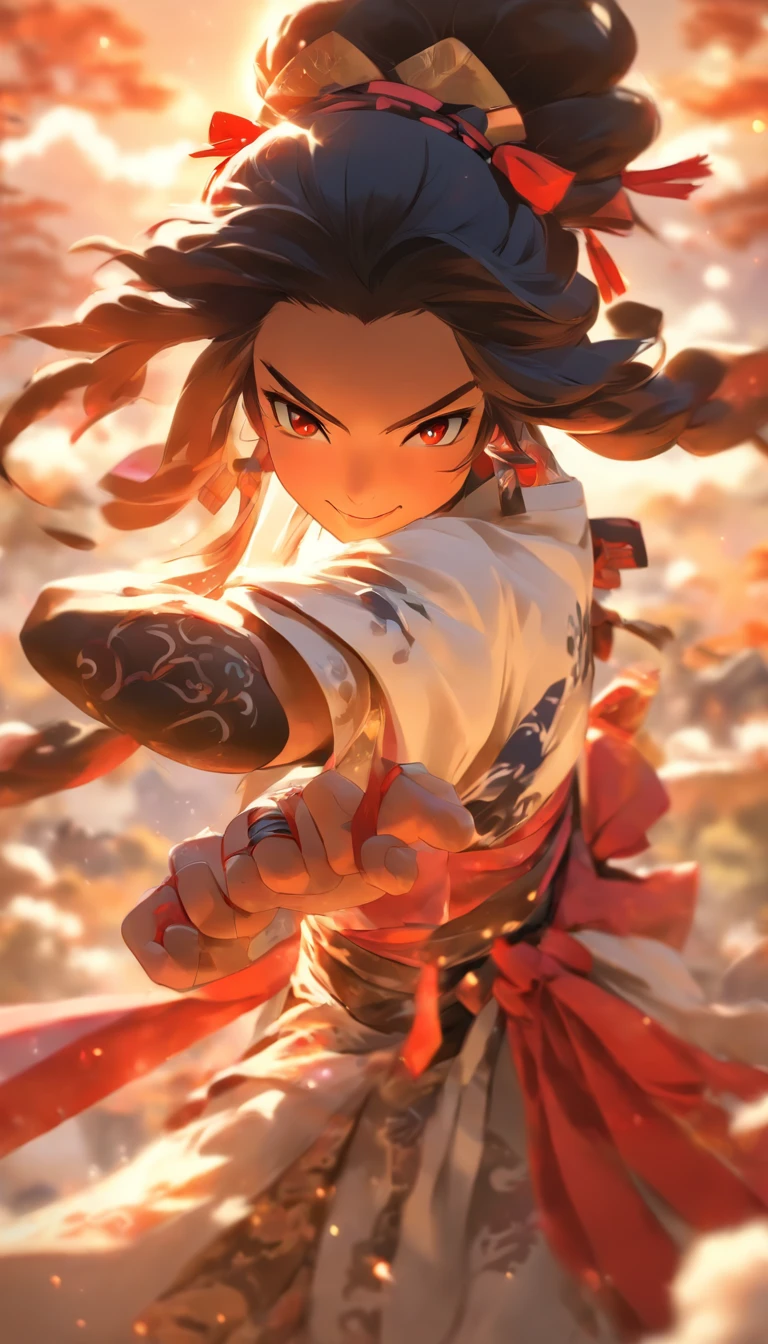Masterpiece, Best quality,1girll, Red bow, bow, Long hair, Hair accessories hair bye, Ainu clothing, Solo, Hair Band, Bird, Black hair, Fingerless gloves, Short sleeves, mitts, sash, Pants, bangs, redhairband, arma, chest, Brown eyes, White pants, komono, nakoruru, Light smile, offcial art, well-composed, official pose, Detailed portrait, Portrait, Bokeh, clouds and mountain background, Samurai, onmyoji style, high resolution, Dramatic lighting and shadows, sunflare, Blurred foreground