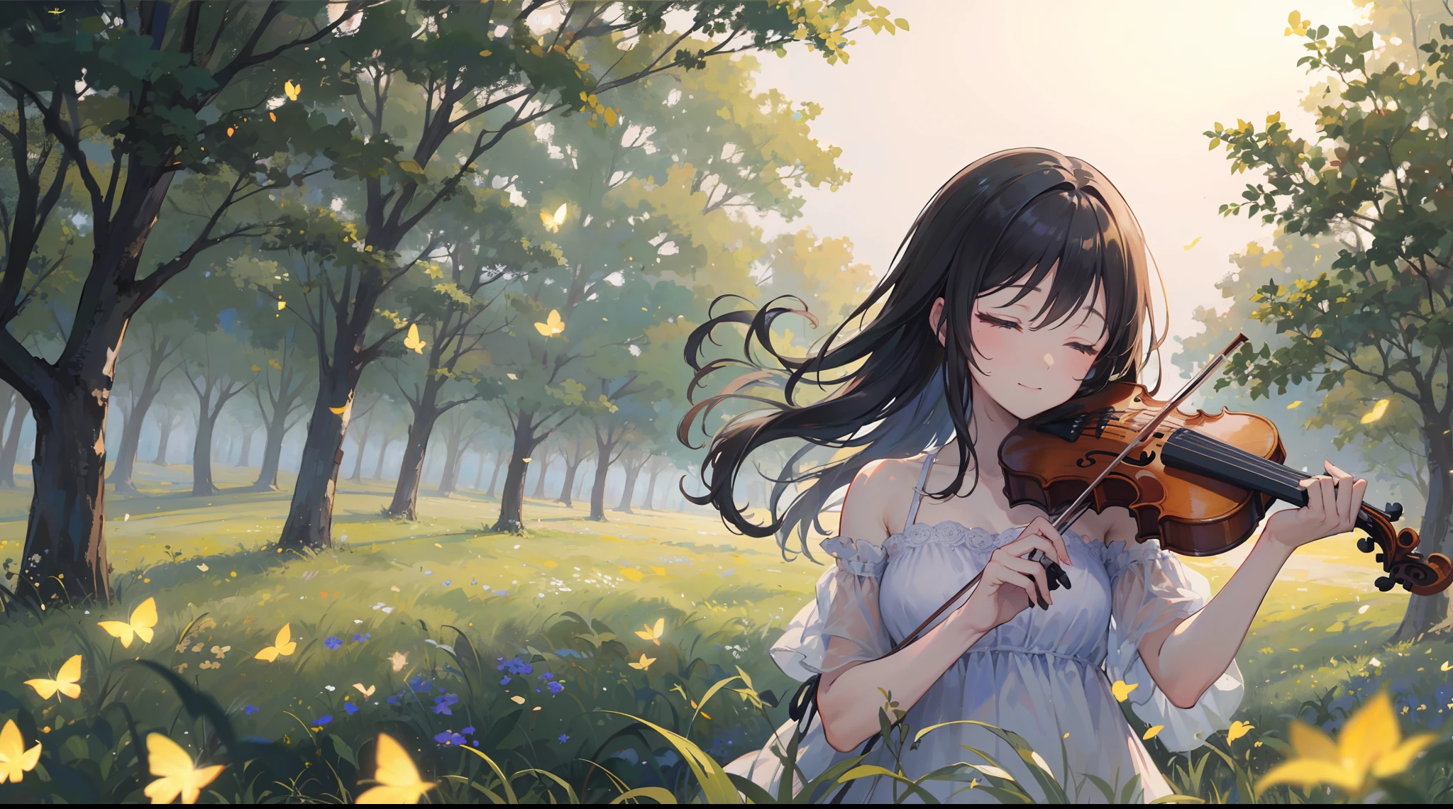 (best quality,16k,masterpiece:1.37), Kaori Miyazono \(your lie in april\), (playing the violin), under the moonlight, in a field full of (fireflies), closed eyes, gentle smile, a deep feeling of melancholy fill up the scene.