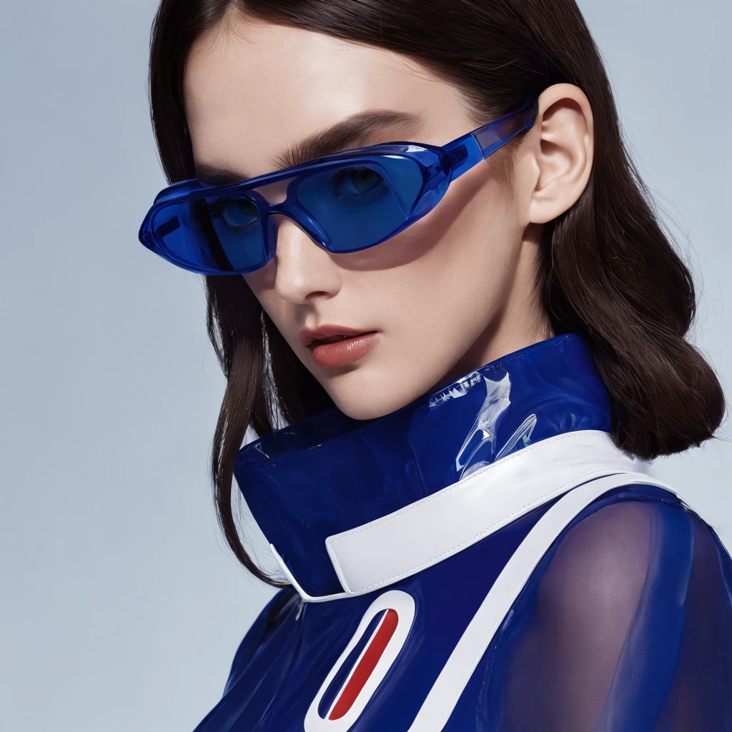 Fashion shoot, Jacquemus and Moncler collaboration: dark blue translucent futuristic sunglasses, hyper-realistic, detailed 8k, realistic --ar 2:3 --s 750