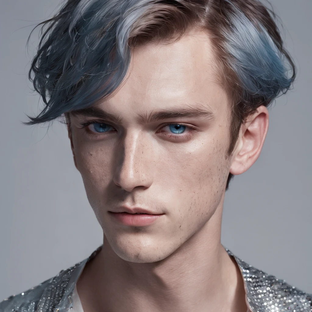 beautiful men, freckles, dark makeup, hyperdetailed photography, soft light, head and shoulders portrait, cover, matt(studio portrait:1.2) of beautiful 20 years old beautiful boy ihtiandr wearing silver bodysuit, wet hair, dreamlike blue eyes, big waves, evening, sharp focus, epic lighting, detailed face, subsurface scattering, f2, 35mme photo --ar 132:161 --s 750 --v 5.2