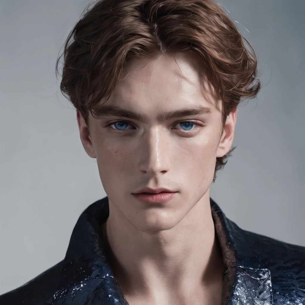 beautiful men, freckles, dark makeup, hyperdetailed photography, soft light, head and shoulders portrait, cover, matt(studio portrait:1.2) of beautiful 20 years old beautiful boy ihtiandr wearing silver bodysuit, wet hair, dreamlike blue eyes, big waves, evening, sharp focus, epic lighting, detailed face, subsurface scattering, f2, 35mme photo --ar 132:161 --s 750 --v 5.2
