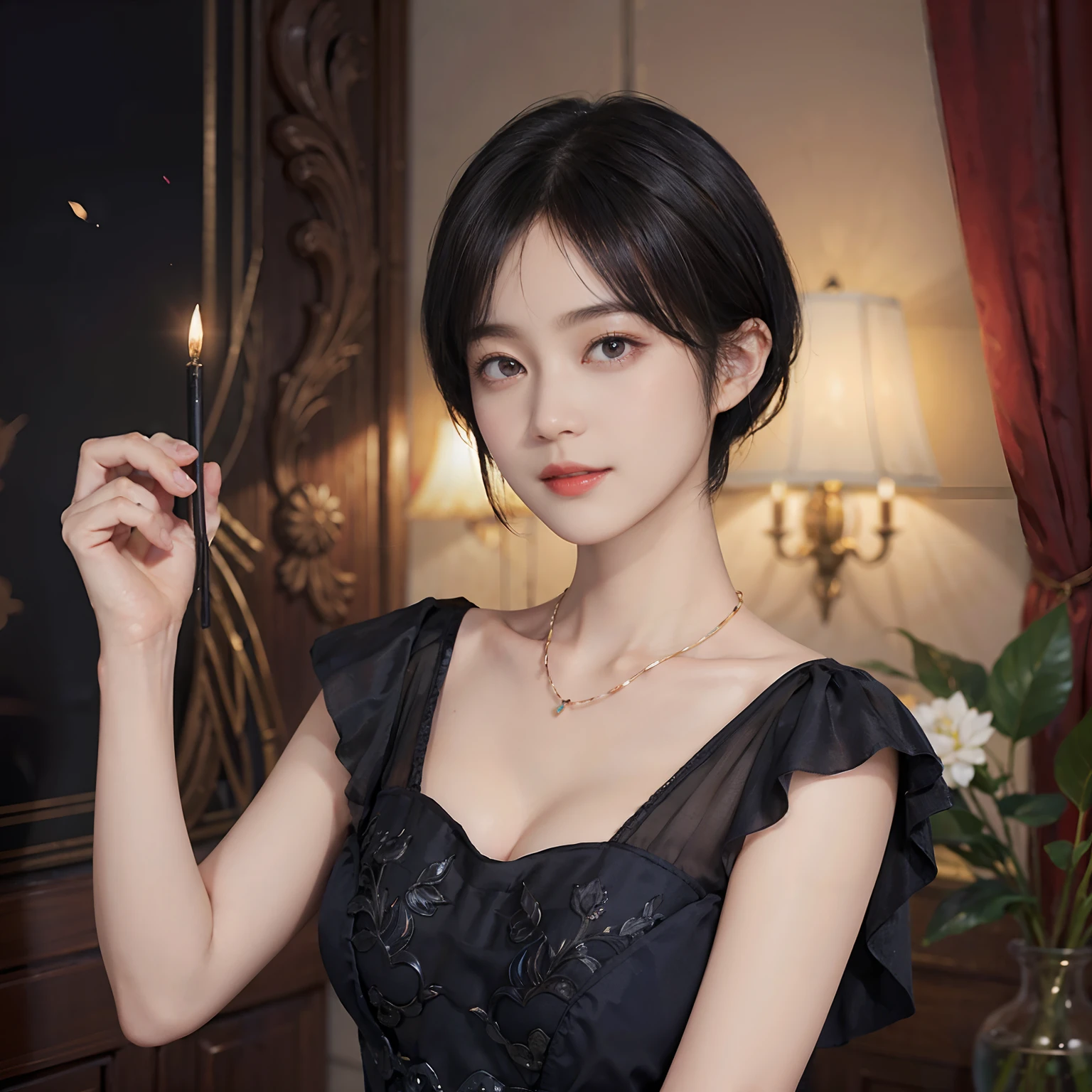 ((1womanl)),  (((Black-short-hair))), （masuter piece：1,3）、top-quality、​masterpiece、hight resolution、Original、highly detailed wallpaper、dress code、Luxurious necklace, (A slight smil)、a small face、((breast))、(Red and blue dresses)、(light on face)、Live-action style, Beautiful facial features, darkened room, ((Hu Dilan))