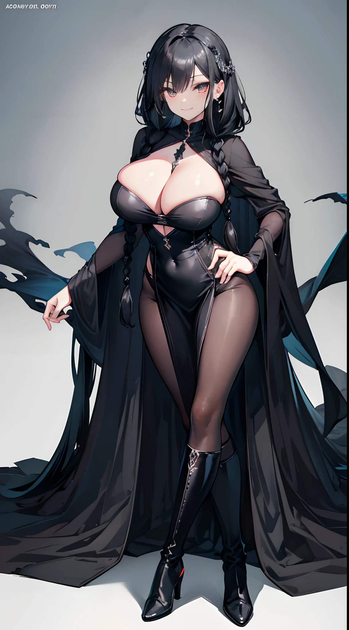 Solo,Facing the viewing angle,bit girl,Lori huge breasts cleavage,Gorgeous black shawl,black long straight hair,Gorgeous black wedding dress,Fishtail braided hairstyle,Black colored eyes,A smug smile,Black super-heeled boots,stand posture,Extend your right leg forward,White background