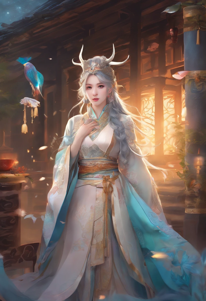 Foiled text,Dragon's horn,deer antlers,Portrait,Realistic effect,female pervert,White-haired girl,Messy hair,ancient wind,cyan colors,cyan colors,Cyan Hanfu(With delicate and mysterious antique patterns),high-heels,The expression after the climax,winning artwork,Silhouette effect,Epic composition,Stand in front of a window with falling snow(ancient wind),(Antique background)Need,8k,The human body light and shadow effect is three-dimensional,Delicate face,(in the darkness nigth:1.6),Fantasyart,photographrealistic,动态照明,artstation,poster for,Volumetriclighting,Very detailed faces,4 k,Award-Awarded, low key, cowboy shot, (Hanfu:1.4), long whitr hair,(The are super huge))),(((super huge breasts)))