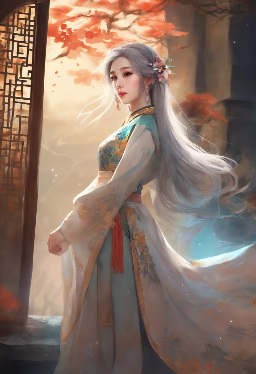 Foiled text，Dragon's horn，deer antlers，Portrait，Realistic effect，female pervert，White-haired girl，Messy hair，ancient wind，cyan colors，cyan colors，Cyan Hanfu(With delicate and mysterious antique patterns)，high-heels，The expression after the climax，winning artwork，Silhouette effect，Epic composition，Stand in front of a window with falling snow(ancient wind)，(Antique background)Need，8k，The human body light and shadow effect is three-dimensional，Delicate face，（in the darkness nigth：1.6），Fantasyart，photographrealistic，动态照明，artstation，poster for，Volumetriclighting，Very detailed faces，4 k，Award-Awarded, low key, cowboy shot, (Hanfu:1.4), long whitr hair,(The are super huge)))，(((super huge breasts)))