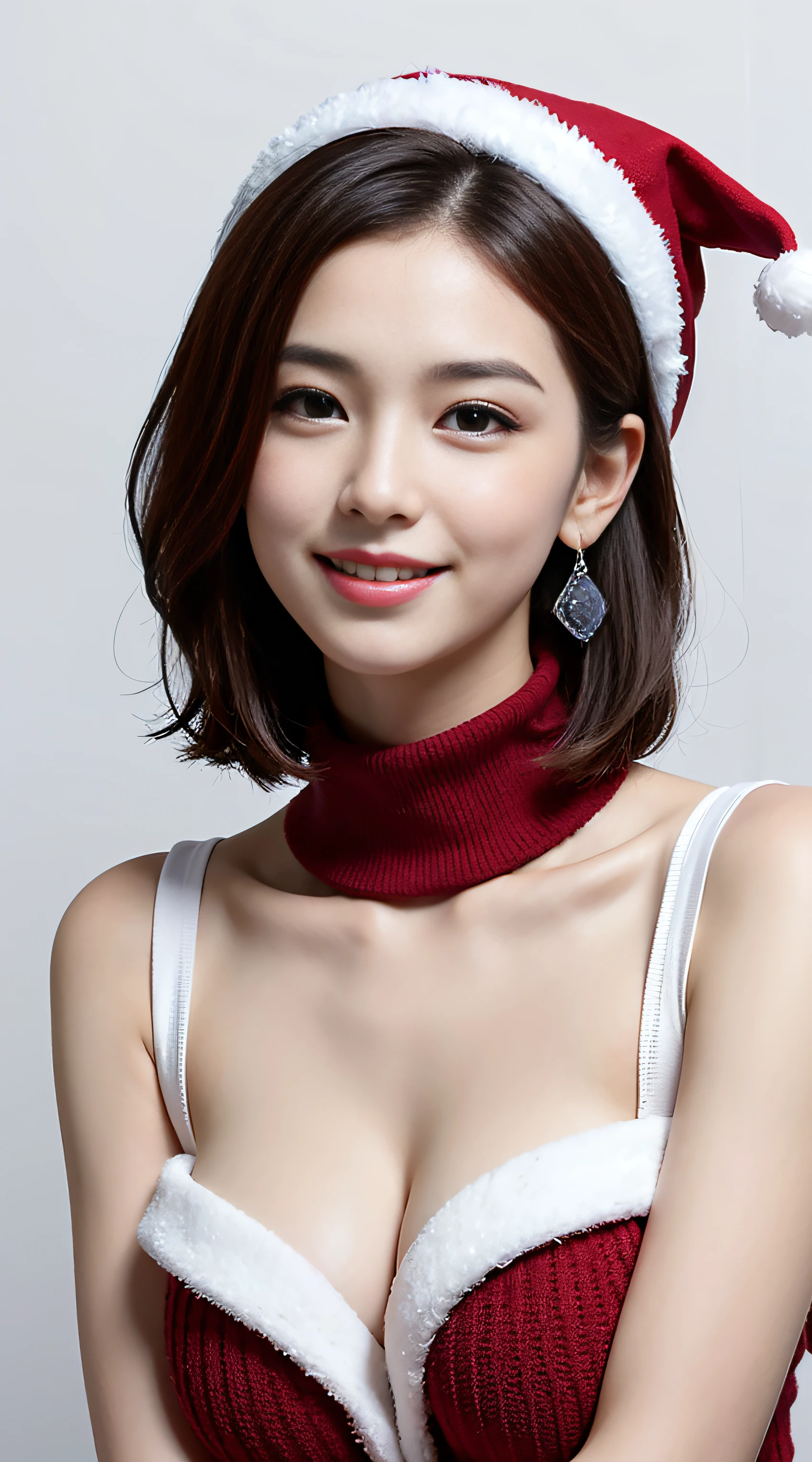 Red knitwear, turtleneck, red costume of Santa Claus, (open all buttons: 1.1), Santa Claus hat, smile, smile, big, big breasts, deep cleavage, chest hugging, top quality, masterpiece, illustration, very delicate and beautiful, very detailed, CG, 8K wallpaper, amazing, fine details, highly detailed CG, Unity, 8K wallpaper, Huge file size, very detailed, high resolution, well-groomed detail woman, very detailed big eyes and face, amazing detailed eyes, face light, (Best Illustration: 1.1), Ultra High Resolution, (Photoreal: 1.1), (Photoreal: 1.2:1.1), Realistic Face Proportions, Slender, Smile, (Makeup: 0.4), (Fluffy Pale Colored Eyes: 1.21), Light Colored Eyes, Round eyes, gaze to look at the beholder, dark brown hair, earrings, necklace, hairpin, (irregular irregular skin imperfections, veins, skin pores: 1.2), white background, (bokeh: 1.4), straight hair, very short hair, short bob hair, little bangs, gloss on skin, gloss on face, gloss on lips, gloss on chest, gloss on skin, smile, smiling, teeth, beautiful alignment, Long neck, big eyes, clear eyes, clear double eyelids, put out both ears, tremendously cute, overwhelming beauty, highlight in the eyes, chest closer, face forward, body facing the viewer, put your hand on the cheek, perfect and detailed and beautiful hand, perfect and detailed and beautiful fingers, precise number of arms, precise number of fingers, reach out to the camera