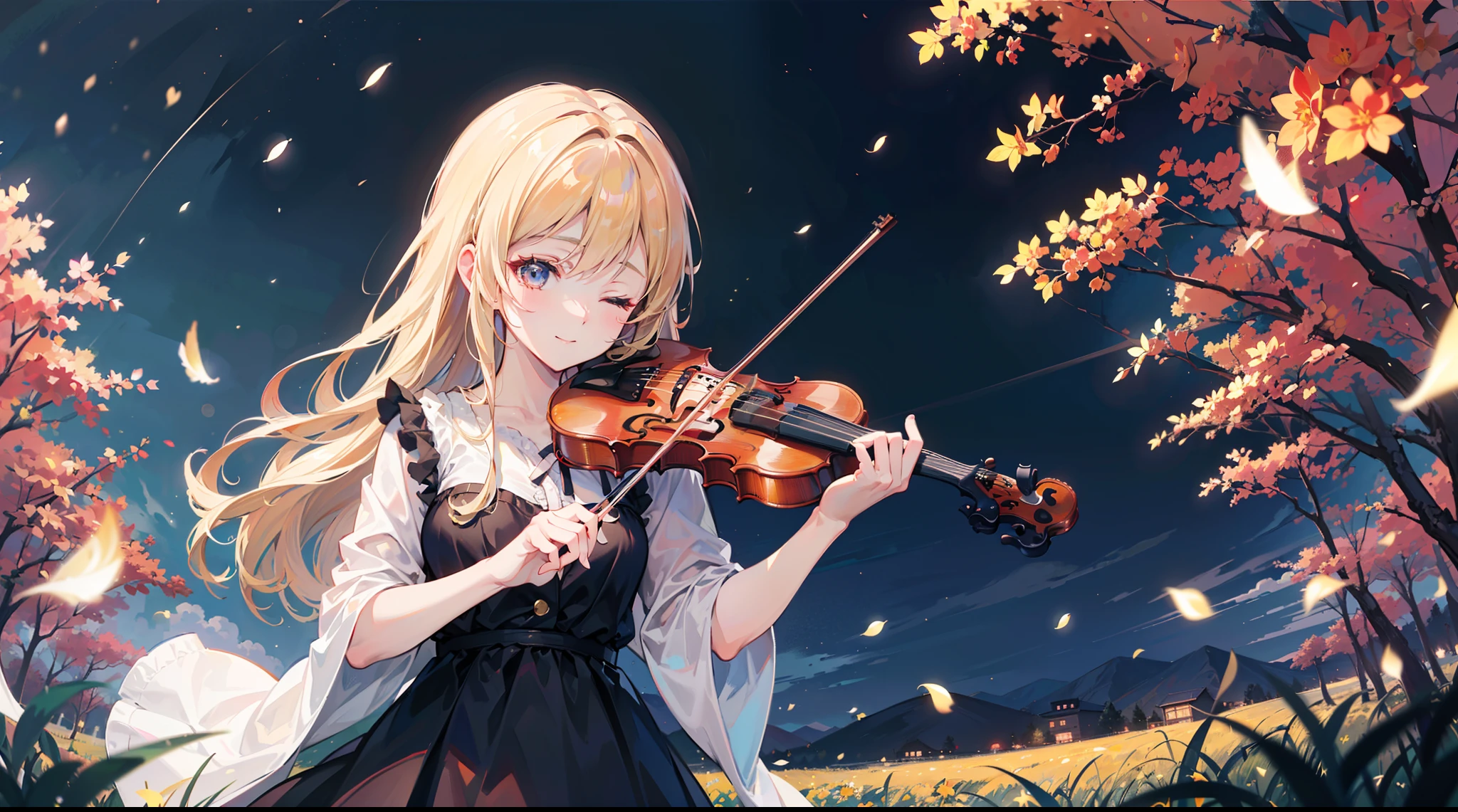 (best quality,16k,masterpiece:1.37), Kaori Miyazono \(your lie in april\), playing the violin under the moonlight, in a field full of (fireflies), eyes closed, gentle smile, a deep feeling of melancholy fill up the scene.