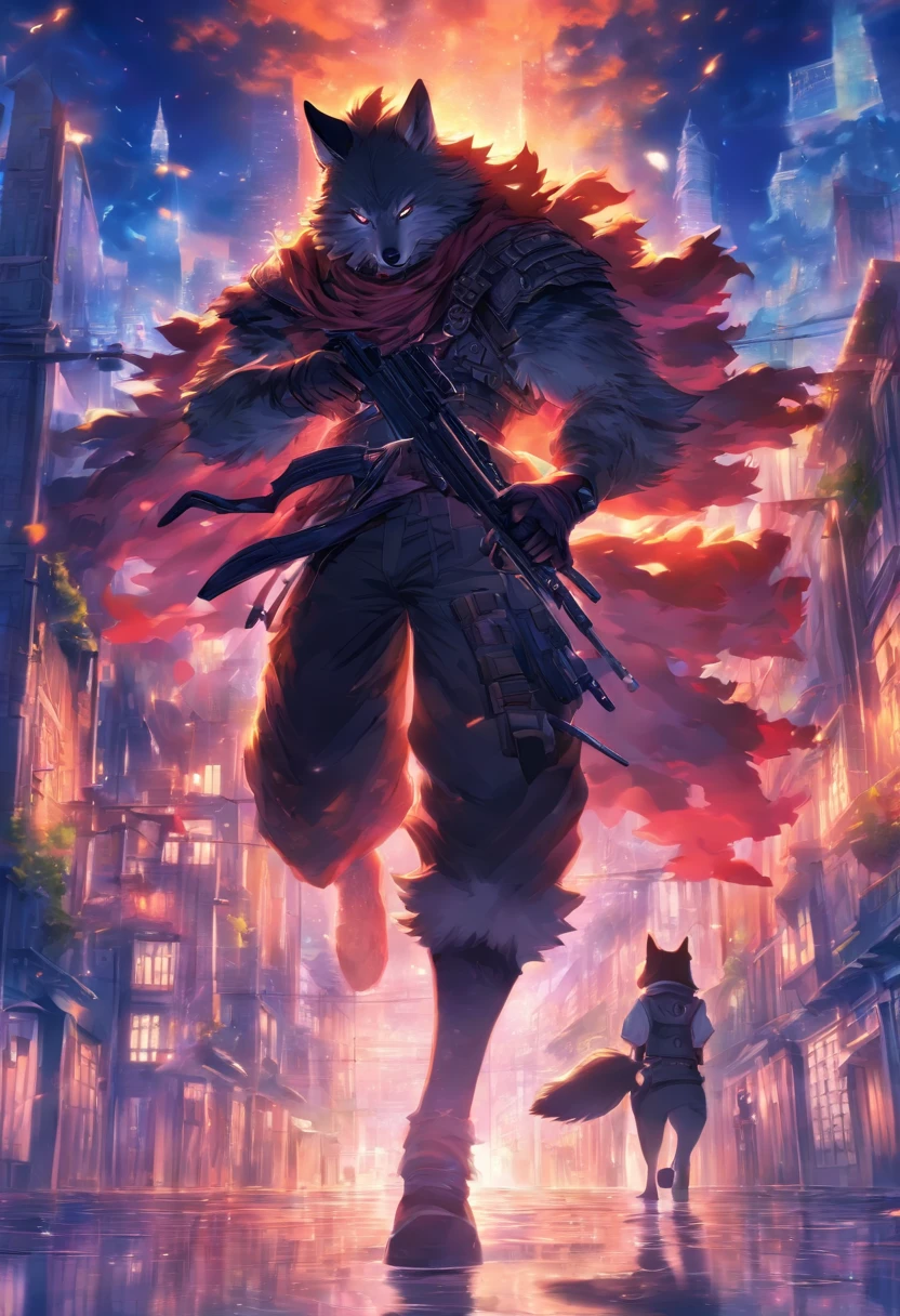 Hold a sniper rifle、Or a wolf that shoots,8th class, Cinematic light and reflection, Intermediate metaverse elements,Digital Painting, Glowing reflections,Skylight at night with a beautiful atmosphere,Surrounded by clouds, Overlooking angle, Buildings in medieval Europe,glazed tiles,tmasterpiece, high quarity, Beautiful graphics, high detal,