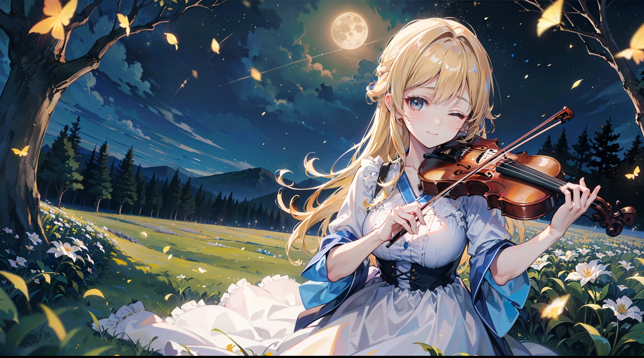 (best quality,16k,masterpiece:1.37), Kaori Miyazono \(your lie in april\), playing the violin under the moonlight, in a field full of (fireflies), eyes closed, gentle smile, a deep feeling of melancholy fill up the scene.