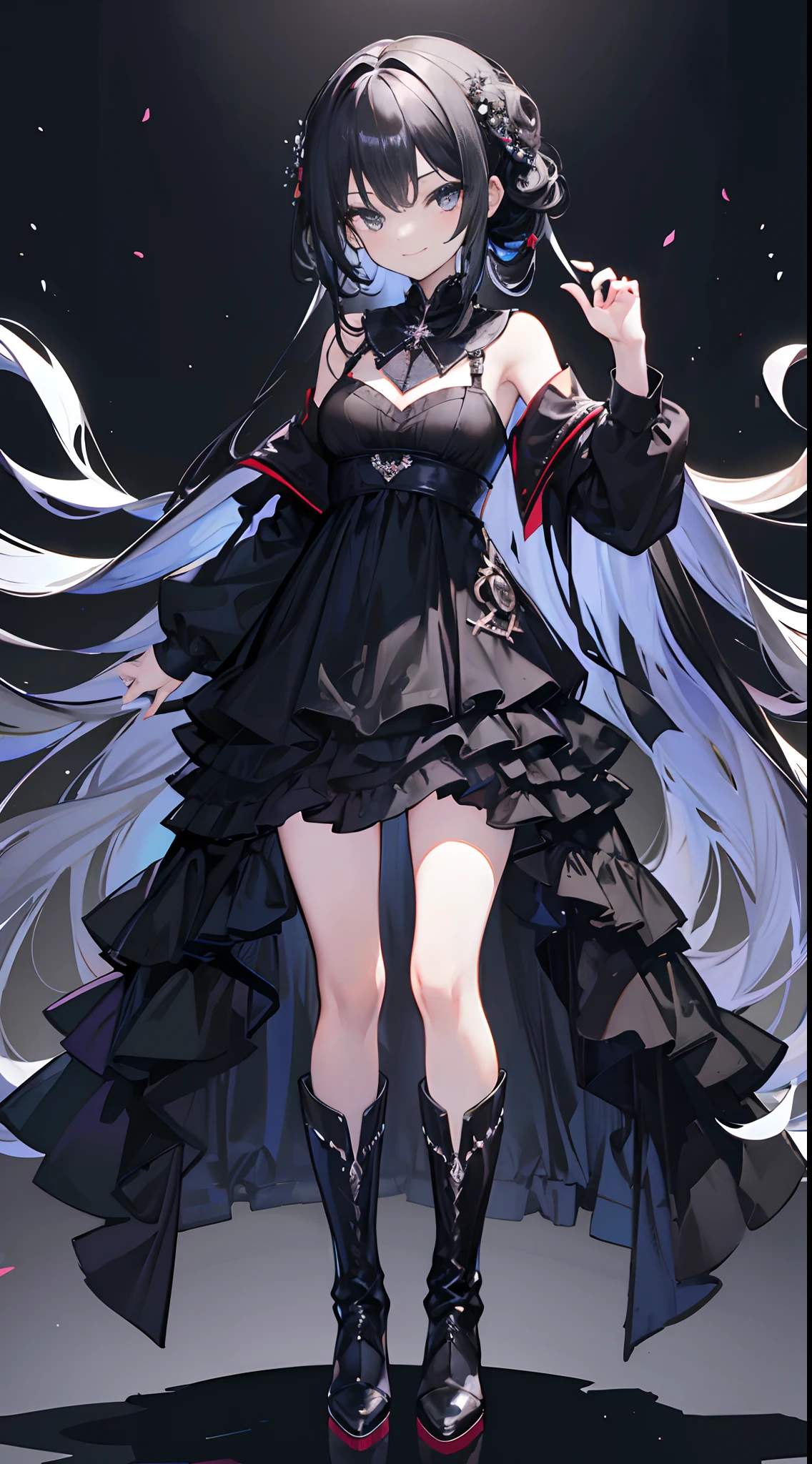 Solo,Facing the viewing angle,young girl,,Gorgeous black shawl,black hair,Gorgeous black wedding dress,Fishtail braided hairstyle,Black colored eyes,A smug smile,Black super-heeled boots,stand posture,Extend your right leg forward,White background