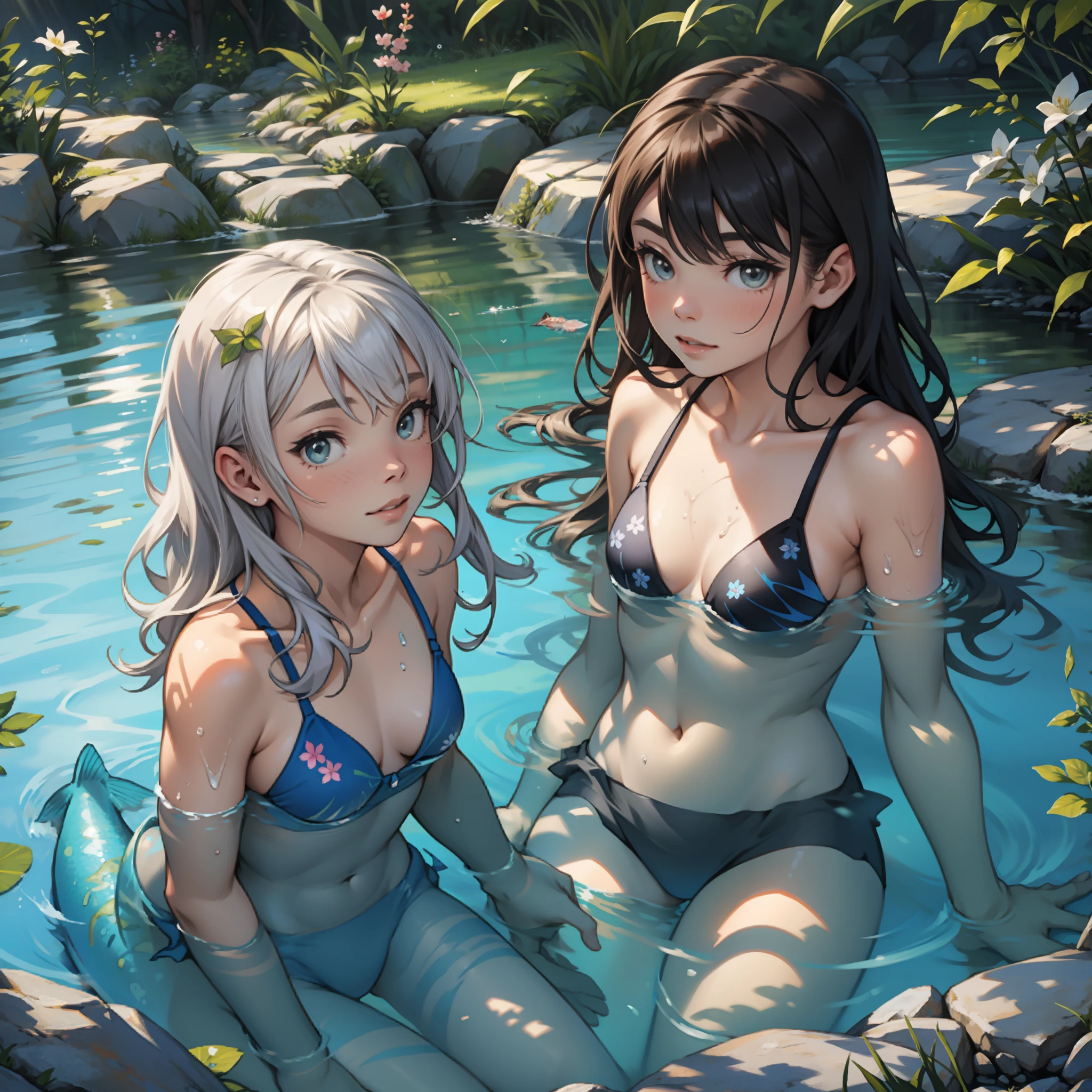 Two girls swimming together，Spring water，Small fish