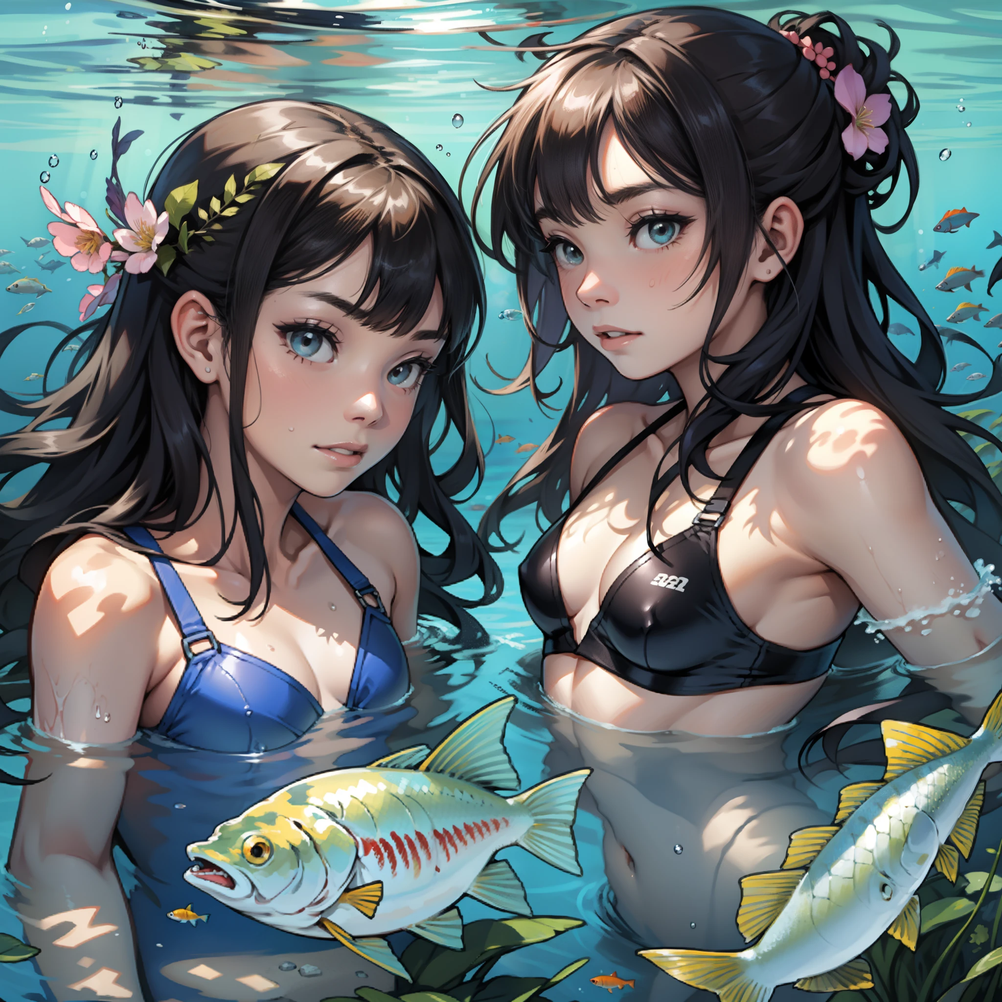 Two girls swimming together,Spring water,Small fish