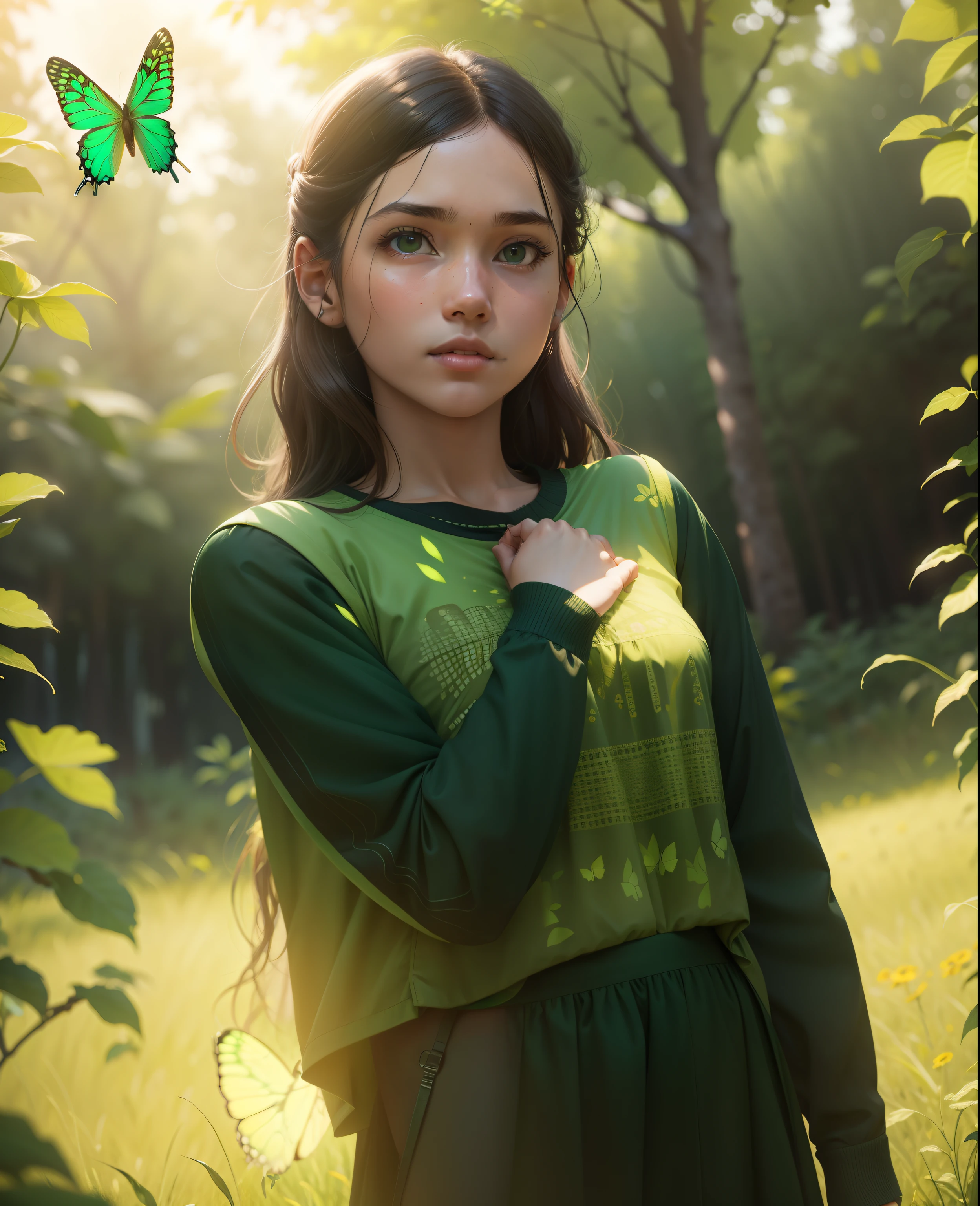 Girl standing in a wide green area, butterflies around, sunlight, hyper realistic, 8k