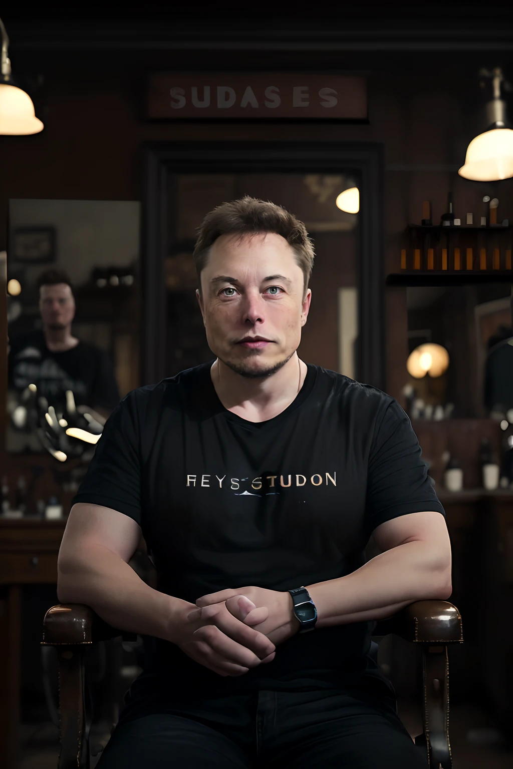 Generate a digital image of Elon Musk in a confident pose, with his arms crossed, wearing a black T-shirt with the inscription ‘REYES STUDIO’ on the chest. The background of the scene should represent an authentic classic barber shop, with characteristic elements such as a vintage barber’s chair, antique mirrors, and traditional decor details