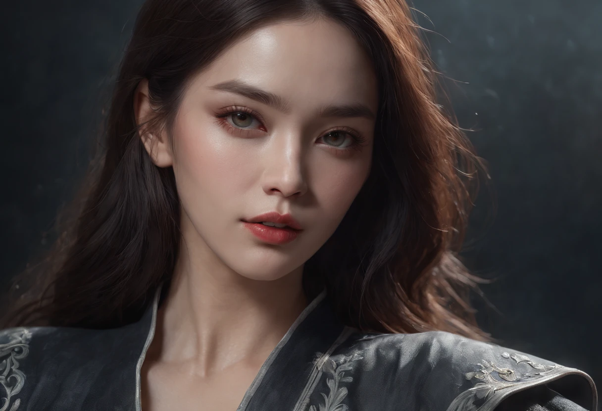 masterpiece, realistic, realism, photorealism, high contrast, photorealistic digital art trending on Artstation 8k HD high definition detailed realistic, 1girl,((water,water ring)), weapon, sword, solo, katana, holding, water, grey eyes, holding weapon, japanese clothes, holding sword, white hair, long hair, kimono, black hair, wide sleeves, long sleeves, lips, cowboy shot, black background, back, parted lips,art by artgerm and ruan jia and greg rutkowski surreal painting,detailed, skin texture, hyper-detailed, realistic skin texture,