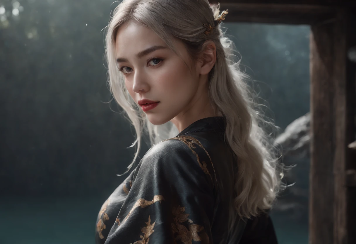 masterpiece, realistic, realism, photorealism, high contrast, photorealistic digital art trending on Artstation 8k HD high definition detailed realistic, 1girl,((water,water ring)), weapon, sword, solo, katana, holding, water, grey eyes, holding weapon, japanese clothes, holding sword, white hair, long hair, kimono, black hair, wide sleeves, long sleeves, lips, cowboy shot, black background, back, parted lips,art by artgerm and ruan jia and greg rutkowski surreal painting,detailed, skin texture, hyper-detailed, realistic skin texture,