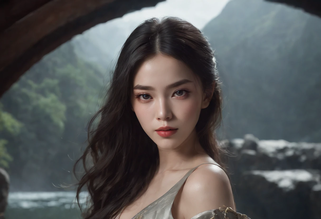 masterpiece, realistic, realism, photorealism, high contrast, photorealistic digital art trending on Artstation 8k HD high definition detailed realistic, 1girl,((water,water ring)), weapon, sword, solo, katana, holding, water, grey eyes, holding weapon, japanese clothes, holding sword, white hair, long hair, kimono, black hair, wide sleeves, long sleeves, lips, cowboy shot, black background, back, parted lips,art by artgerm and ruan jia and greg rutkowski surreal painting,detailed, skin texture, hyper-detailed, realistic skin texture,