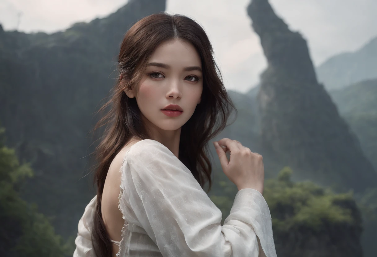 masterpiece, realistic, realism, photorealism, high contrast, photorealistic digital art trending on Artstation 8k HD high definition detailed realistic, 1girl,((water,water ring)), weapon, sword, solo, katana, holding, water, grey eyes, holding weapon, japanese clothes, holding sword, white hair, long hair, kimono, black hair, wide sleeves, long sleeves, lips, cowboy shot, black background, back, parted lips,art by artgerm and ruan jia and greg rutkowski surreal painting,detailed, skin texture, hyper-detailed, realistic skin texture,