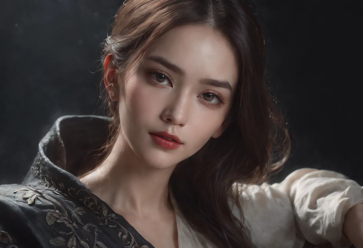masterpiece, realistic, realism, photorealism, high contrast, photorealistic digital art trending on Artstation 8k HD high definition detailed realistic, 1girl,((water,water ring)), weapon, sword, solo, katana, holding, water, grey eyes, holding weapon, japanese clothes, holding sword, white hair, long hair, kimono, black hair, wide sleeves, long sleeves, lips, cowboy shot, black background, back, parted lips,art by artgerm and ruan jia and greg rutkowski surreal painting,detailed, skin texture, hyper-detailed, realistic skin texture,