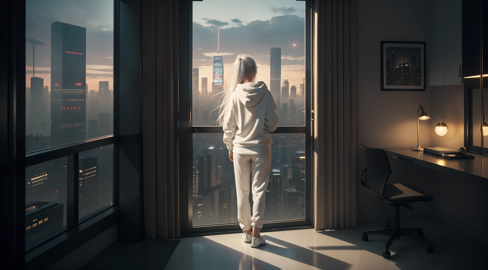 Generate an image depicting a girl seen from behind, standing by the window in her bedroom, gazing out at a cityscape. She is wearing a white hoodie and white panties. The girl has long white hair flowing down her back. The image has an ambiance that is subtly influenced by the urban style, Capture the essence of a futuristic city outside the window, with amber lights illuminating the urban landscape. Emphasize the contrast between the serenity of the girl in her pajamas and the vibrant, slightly dystopian atmosphere of the city. Let the image convey a sense of wonder, mystery, and a touch of futuristic aesthetics, high quality, golden hour