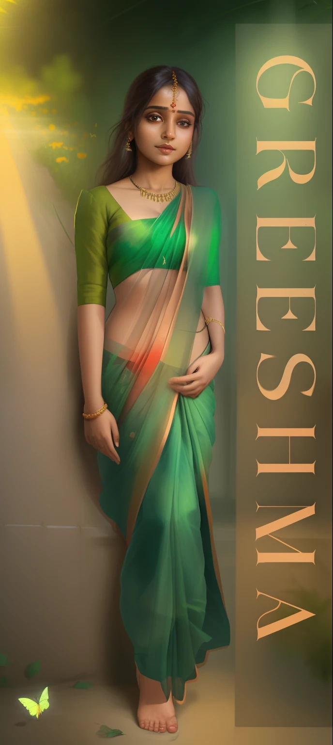 Girl with saree, change background, butterflies areound, flowers around, sunlight, greenery, hyper realistic, 8k