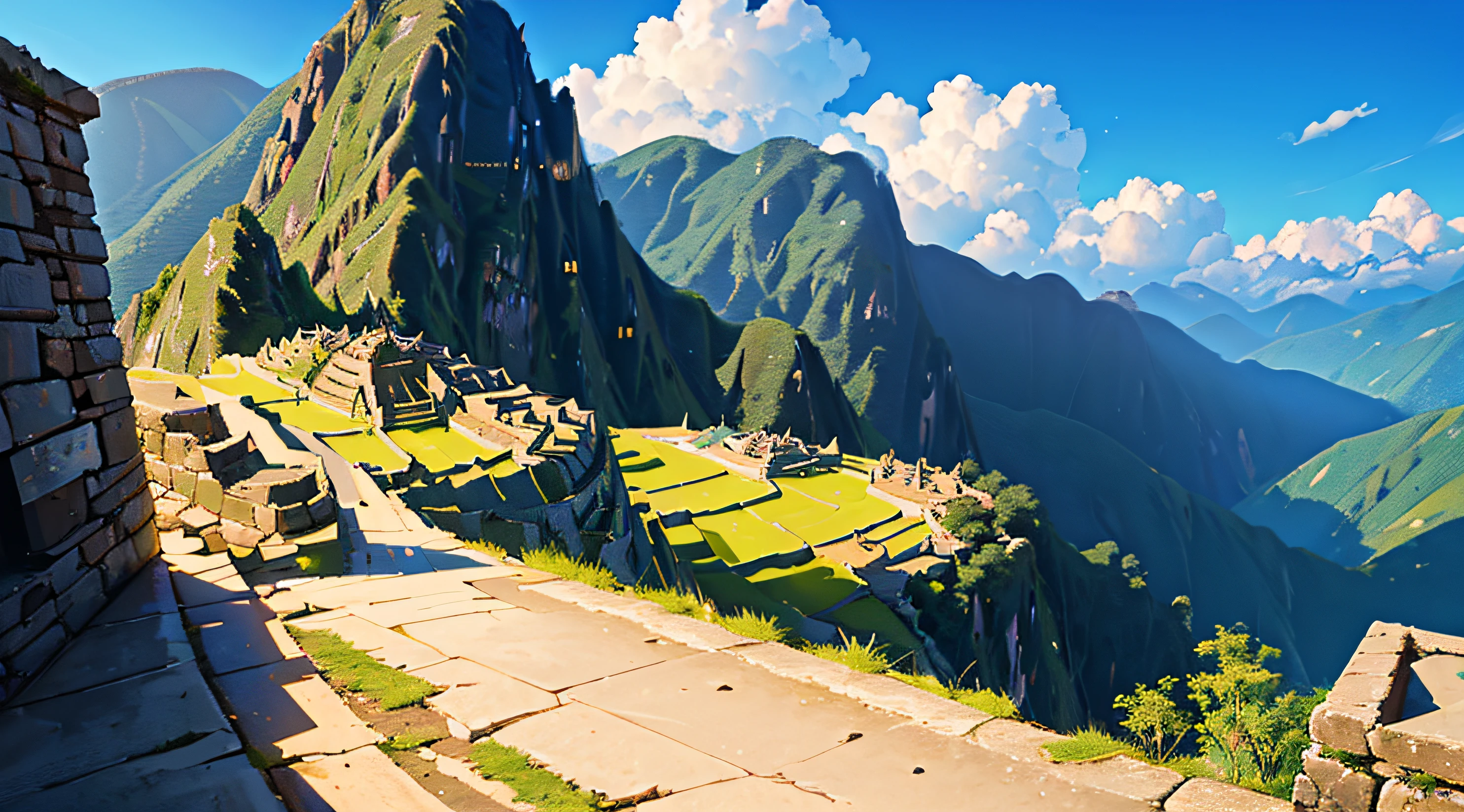 ((Best Quality, 8K, Masterpiece: 1.3)), A breathtaking aerial view of Machu Picchu, the ancient Inca citadel, nestled in the lush green mountains of Peru.