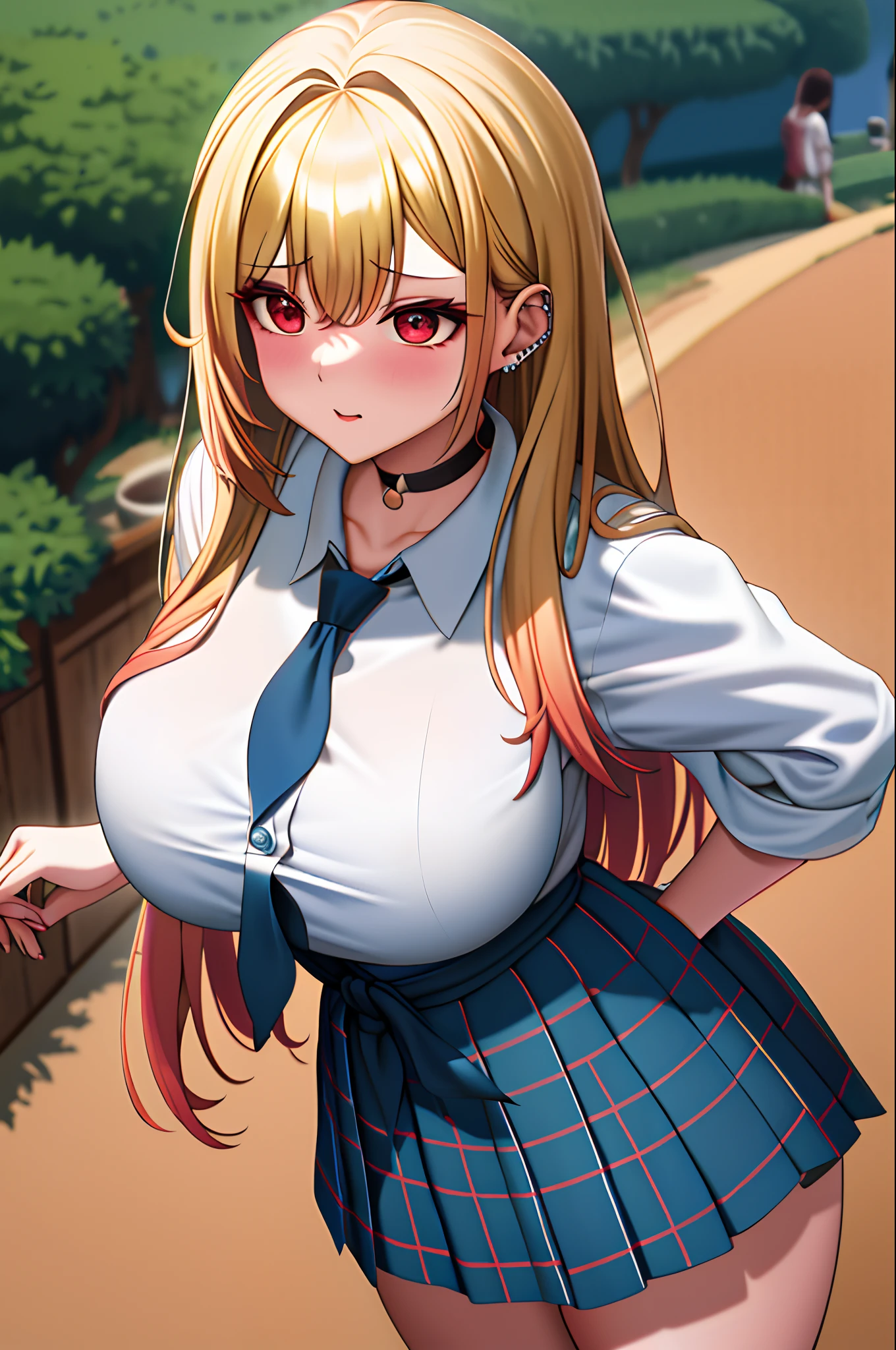 masterpiece, top-quality, hight resolution, kitagawa marin, 1girl in, blonde hair, length hair, O cabelo multicolorido, red eyes, jewely, 耳环, piercings, 校服, white shirt, Tied shirt, a black choker, Blue tie, plaid skirts, is standing, cowboy shot, plein air,Colossal tits(Breast Abundance)、Voluptuous thighs and buttocks、red blush、sexual pose、AHE Face