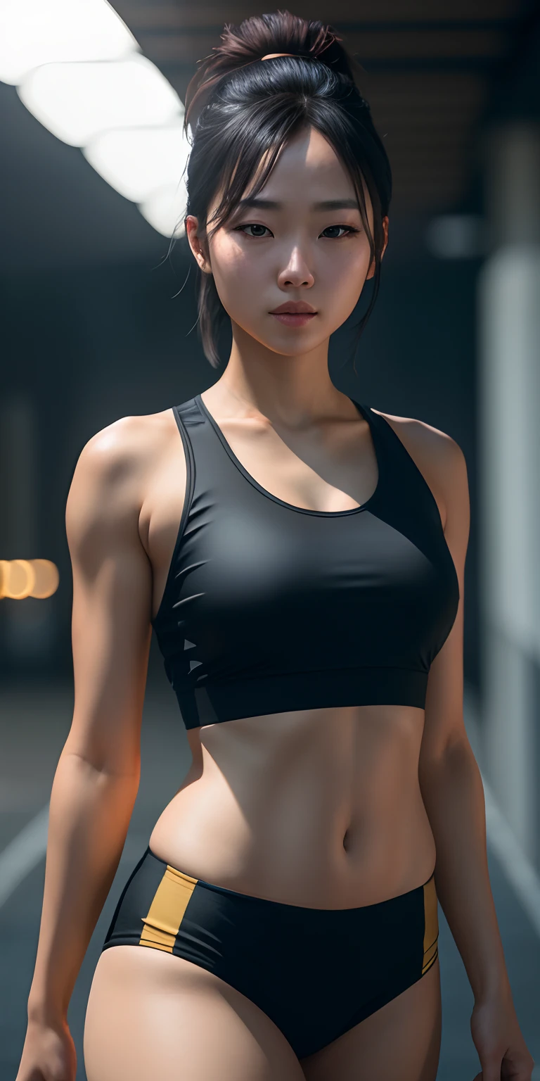 Beautiful and mature Japanese university student，Wearing a black silk crop top，Off the track and field，（（slim，petite）），Photoreality，photore，tmasterpiece，hentail realism，hentail realism，Photoreality，hight contrast，The photorealistic digital art trend is detailed and realistic in Artstation 8k HD HD, A detailed, skin textures, ultra - detailed, realistic skin textures, armature, best qualtiy, 超A high resolution, (真实感:1.4),, A high resolution, A detailed, RAW photogr, sharp, by lee jeffries nikon d850 film stock photograph 4 kodak portra 400 camera f1.6 Lens, rich colors, ultra-realistic realistic textures, dramatic lighting, unrealengine artstation cinestill 800 trends，