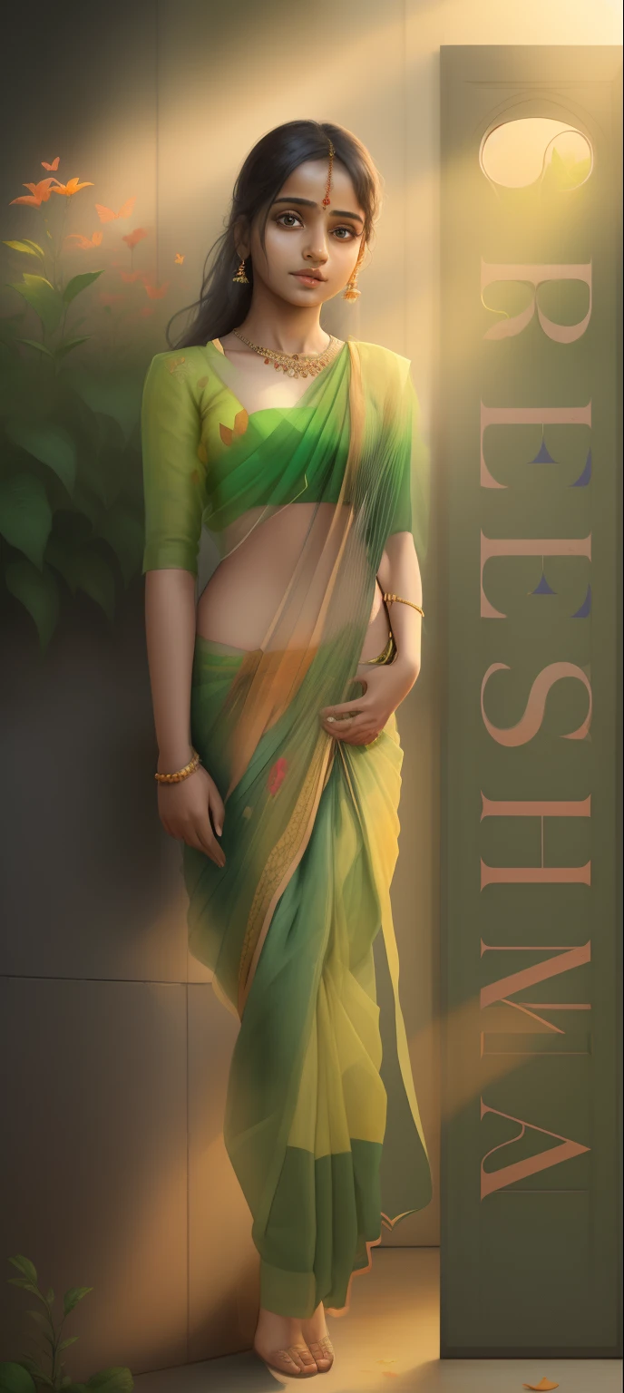 Girl with saree, change background, butterflies areound, flowers around, sunlight, greenery, hyper realistic, 8k