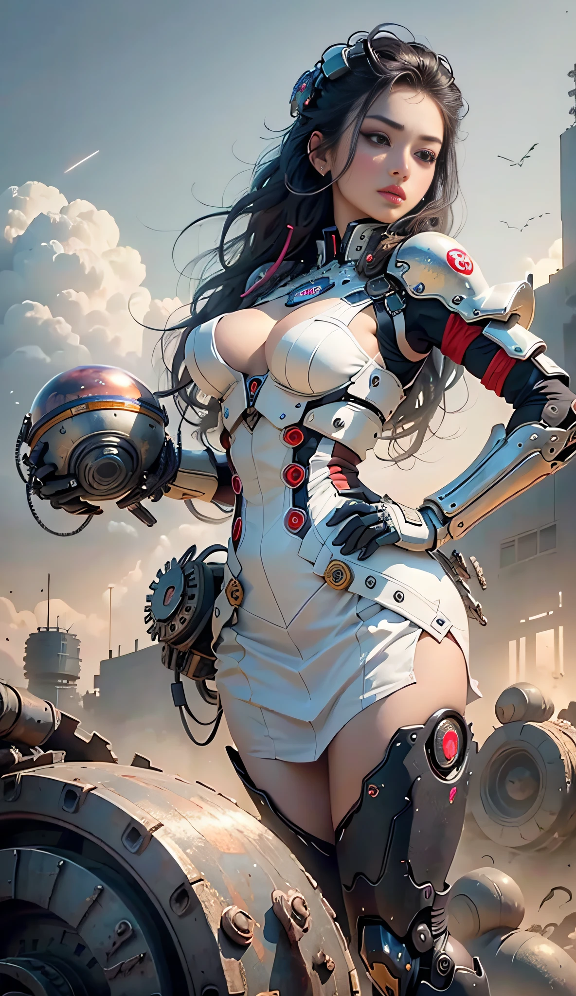 realistic visual effects，attractive beautiful，dramatic contrast，Gentle lighting，Delicate warmth，the soft light，hyper HD，Extremely colorful，best qualityer，perfect female shape，HighDynamicRange，long eyelasher，Unbeatable masterpiece，paleskin，putting makeup on，Sexy goddess，Large mechanical gears，Strange sky，The setting sun burns the clouds，8K high quality，Sexy goddess，A pair of big eyes are beautiful and moving，White skin，Makeup，Sexy outfit，【Background with】Large gears，Large gears，Doomsday ruins，Giant tornado，Strange sky，The setting sun burns the clouds，Multiple planets，The end of the world，Multiple planets，Mards，Jupiter，Mercury，Strange sky，Giant tornado。