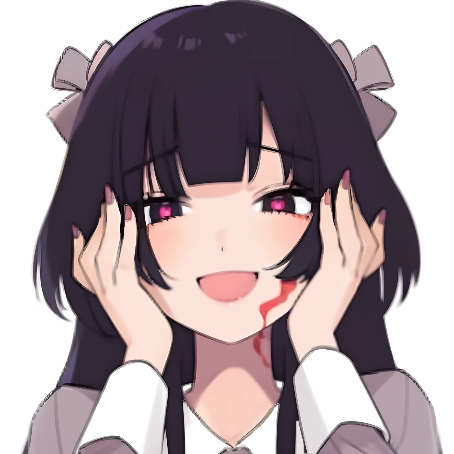 anime girl with black hair and pink eyes holding her hands to her face, gapmoe yandere, anime moe artstyle, yandere, iwakura lain, yandere. tall, gapmoe yandere grimdark, [[[[grinning evily]]]], portrait gapmoe yandere grimdark, close up iwakura lain, shikamimi