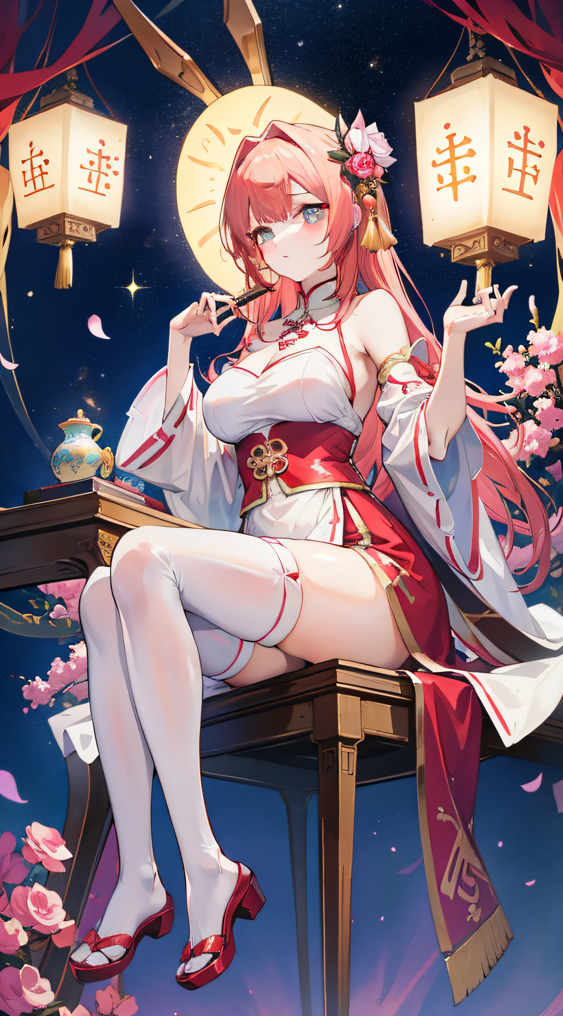 Masterpiece（（tmasterpiece）），4K，（Beautiful girl sitting on mooncake），（（ancient-style clothing）），（white stockings），adolable，is shy，brunette color hair，Red knot，Red hair accessories，Chinese knot，long leges，（Sit on mooncakes），（The background is the night starry sky），Bare shoulders，Wear antique shoes，There's a big rabbit in the back，There are Kong Ming lanterns around