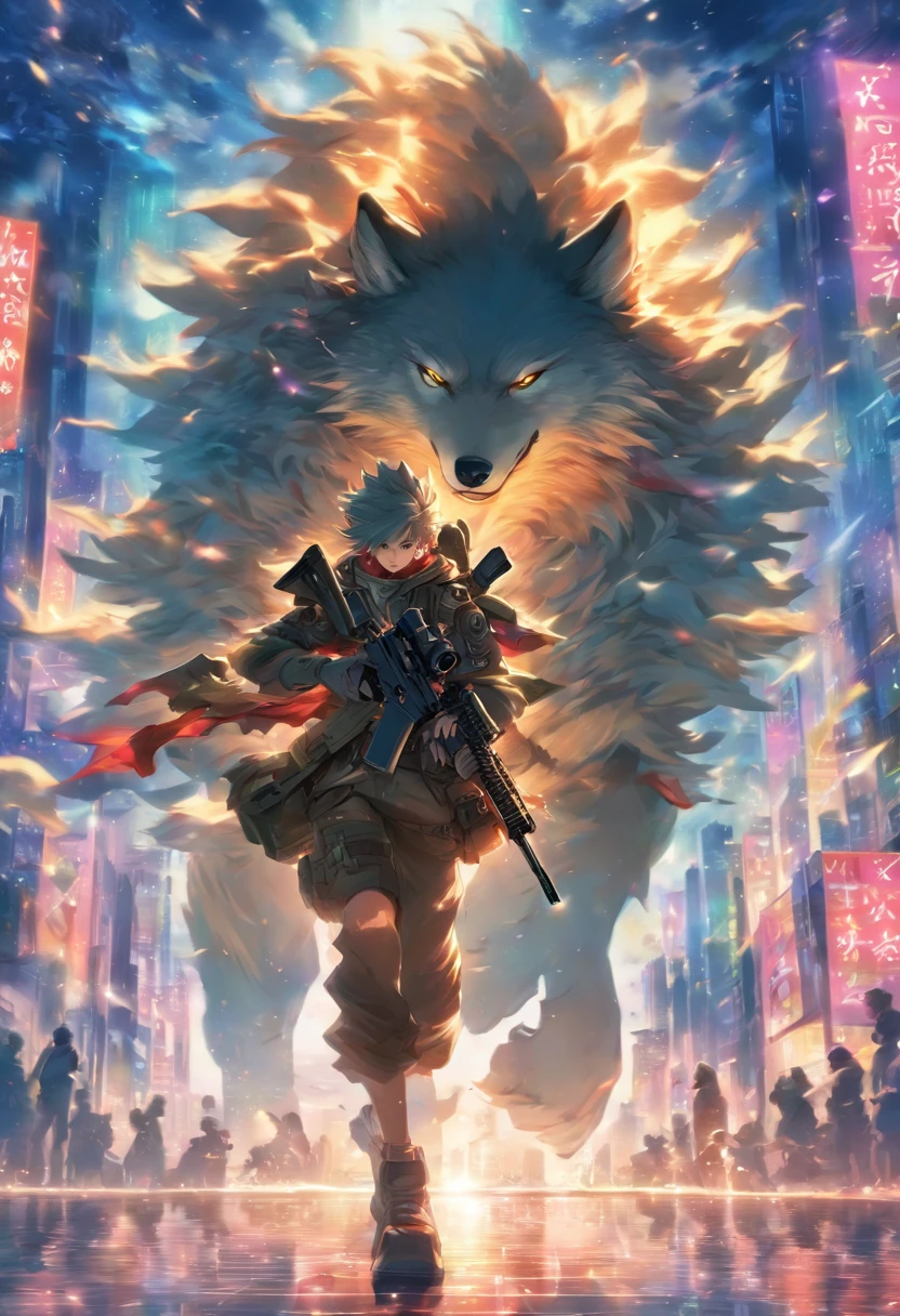 Holding a sniper rifle、Or a wolf that shoots,8th class, Cinematic light and reflection, Intermediate metaverse elements,Digital Painting, Glowing reflections,Skylight at night with a beautiful atmosphere,Surrounded by clouds, Looking down from a high place, glazed tiles,tmasterpiece, high quarity, Beautiful graphics, high detal,Magnificent