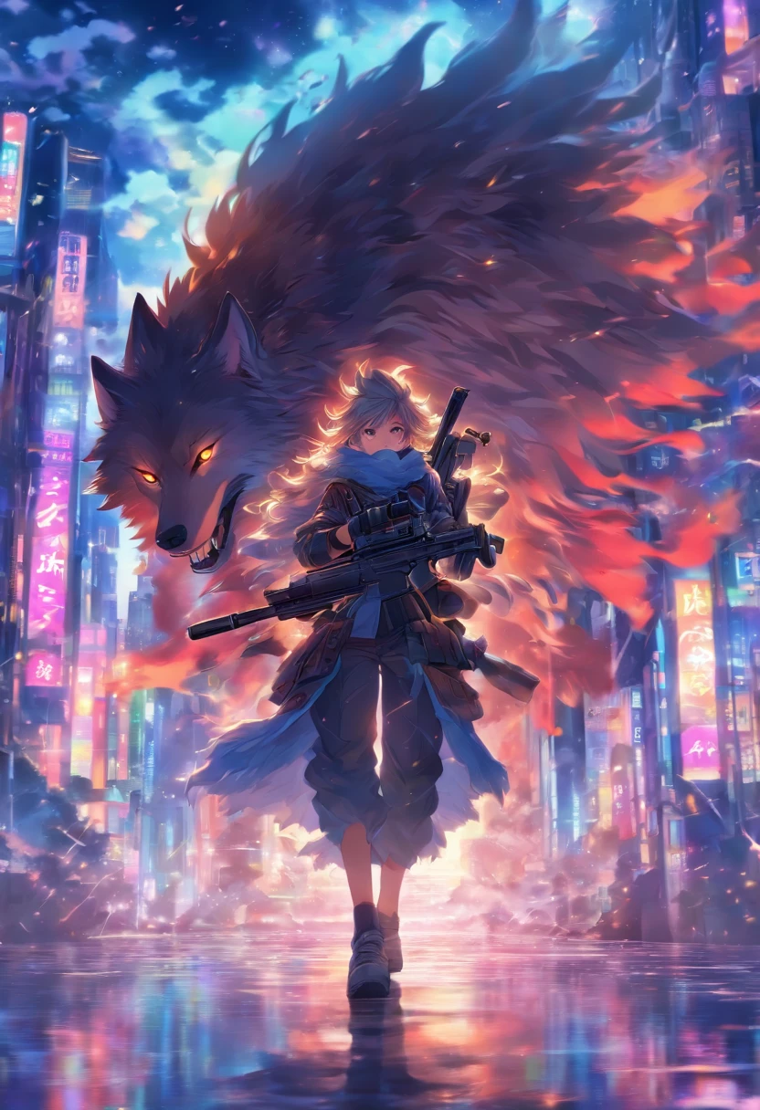 Holding a sniper rifle、Or a wolf that shoots,8th class, Cinematic light and reflection, Intermediate metaverse elements，Digital Painting, Glowing reflections,Skylight at night with a beautiful atmosphere,Surrounded by clouds, Looking down from a high place, glazed tiles,tmasterpiece, high quarity, Beautiful graphics, high detal,Magnificent