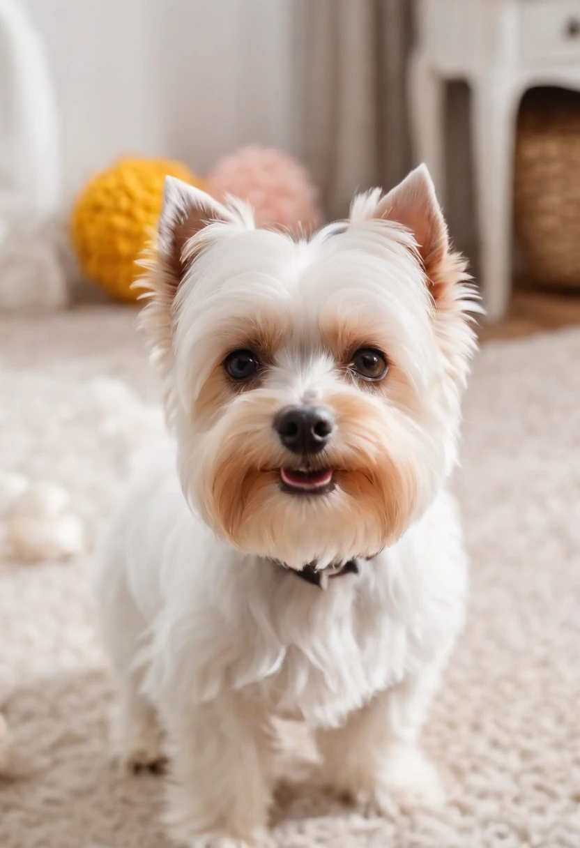 Biewer terrier a la pompom, em um apartamento luxuoso, comendo melancia