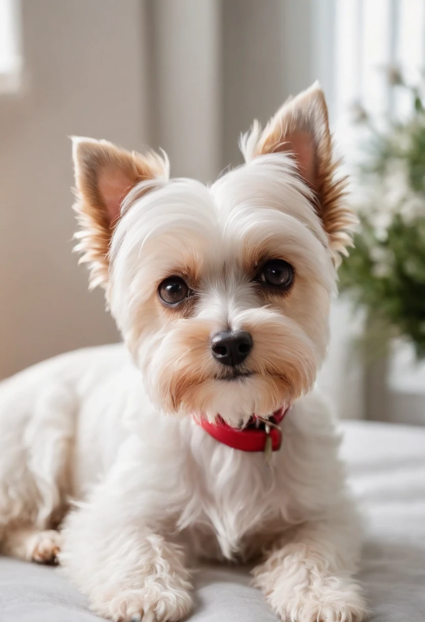 Biewer terrier a la pompom, em um apartamento luxuoso, comendo melancia